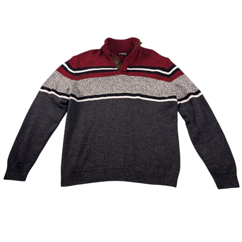 Chaps Men's Striped Button Mock‎ Neck Sweater Red Black White Cabin Core Large